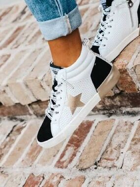 Vintage Havana Neutral White & Black High-Top Sneakers with Gold Star